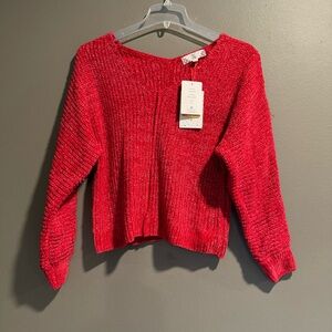 Pink Rose V Neck Chunky Knit Cropped Holiday Sweater Size Medium